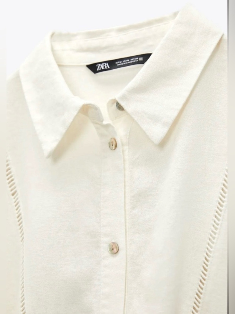 ZARA Linen Blend Lace Insert Belted Button Down Cream Midi Dress Size S - Picture 5 of 10